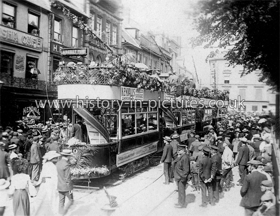 First Electric Trams in Northamptom, Mercers Row. 21st July 1904